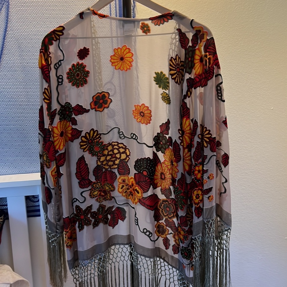 VELVET burnout and embroidered kimono with champagne colored fringe detail